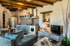 A cozy living room with a sofa, a television, and a fireplace.