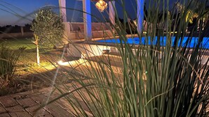 A modern outdoor pool area with a blue-lit structure, a stone pathway, and surrounding vegetation.