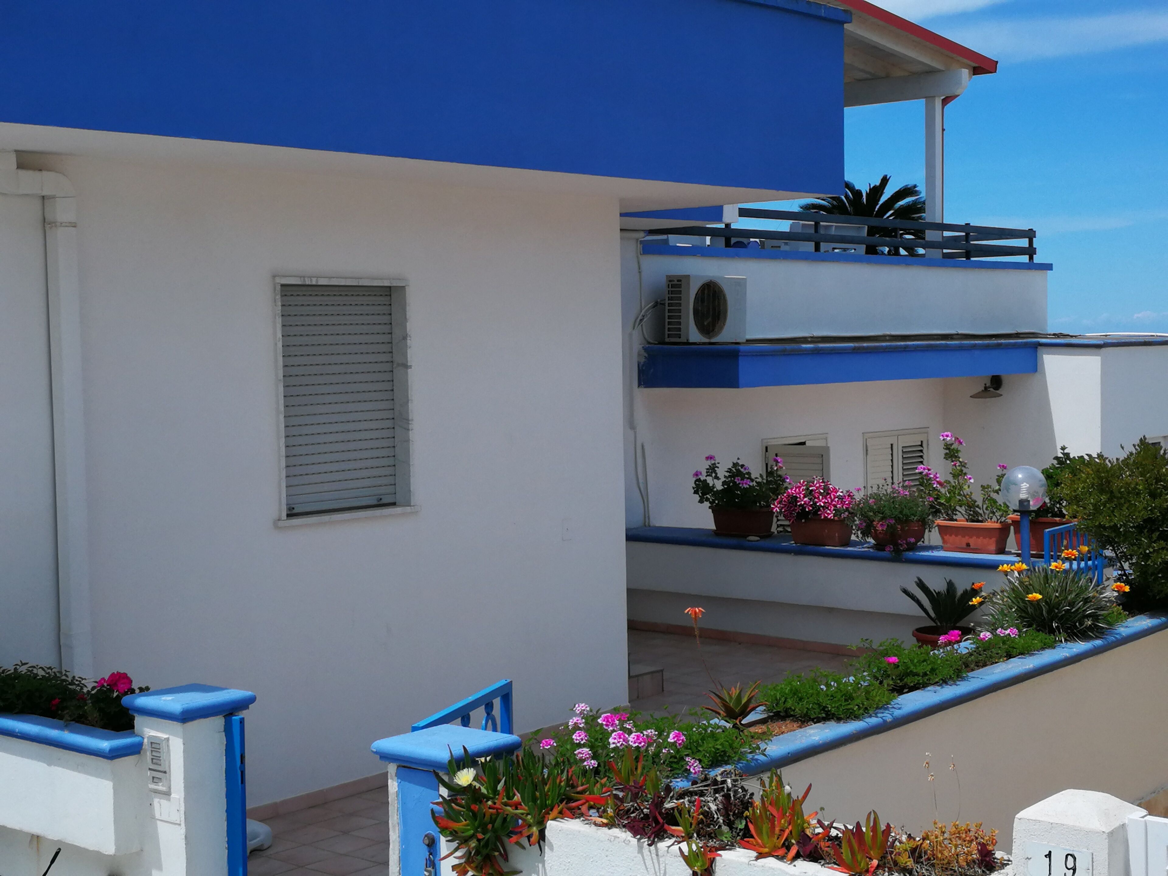 Un edificio con fachada azul y blanca, un balcón con plantas en macetas y una ventana pequeña con persianas.
