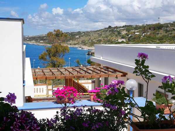 A rooftop terrace with a view of the sea, potted plants, and a wooden pergola.