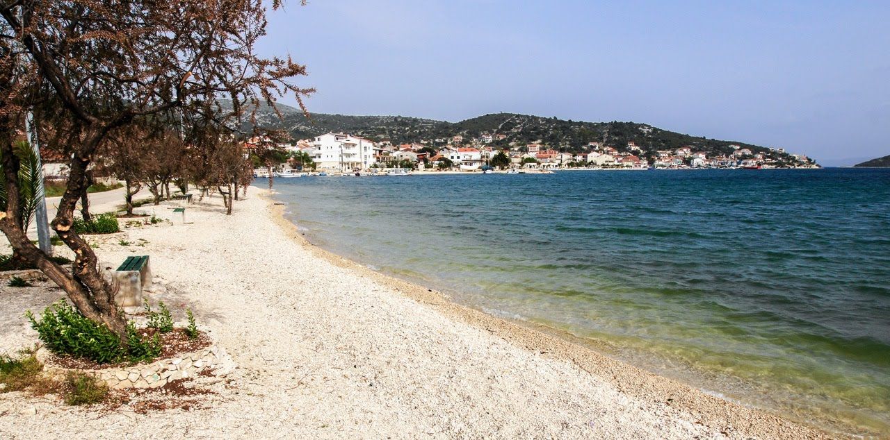 A pebble beach with a row of trees and a building in the background.