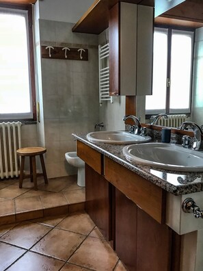 Combined shower/tub, hair dryer, bidet, towels