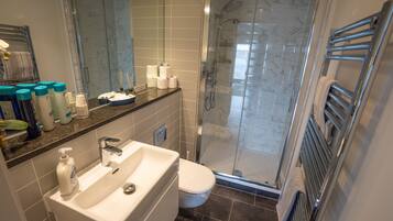 Combined shower/bathtub, eco-friendly toiletries, hair dryer, towels