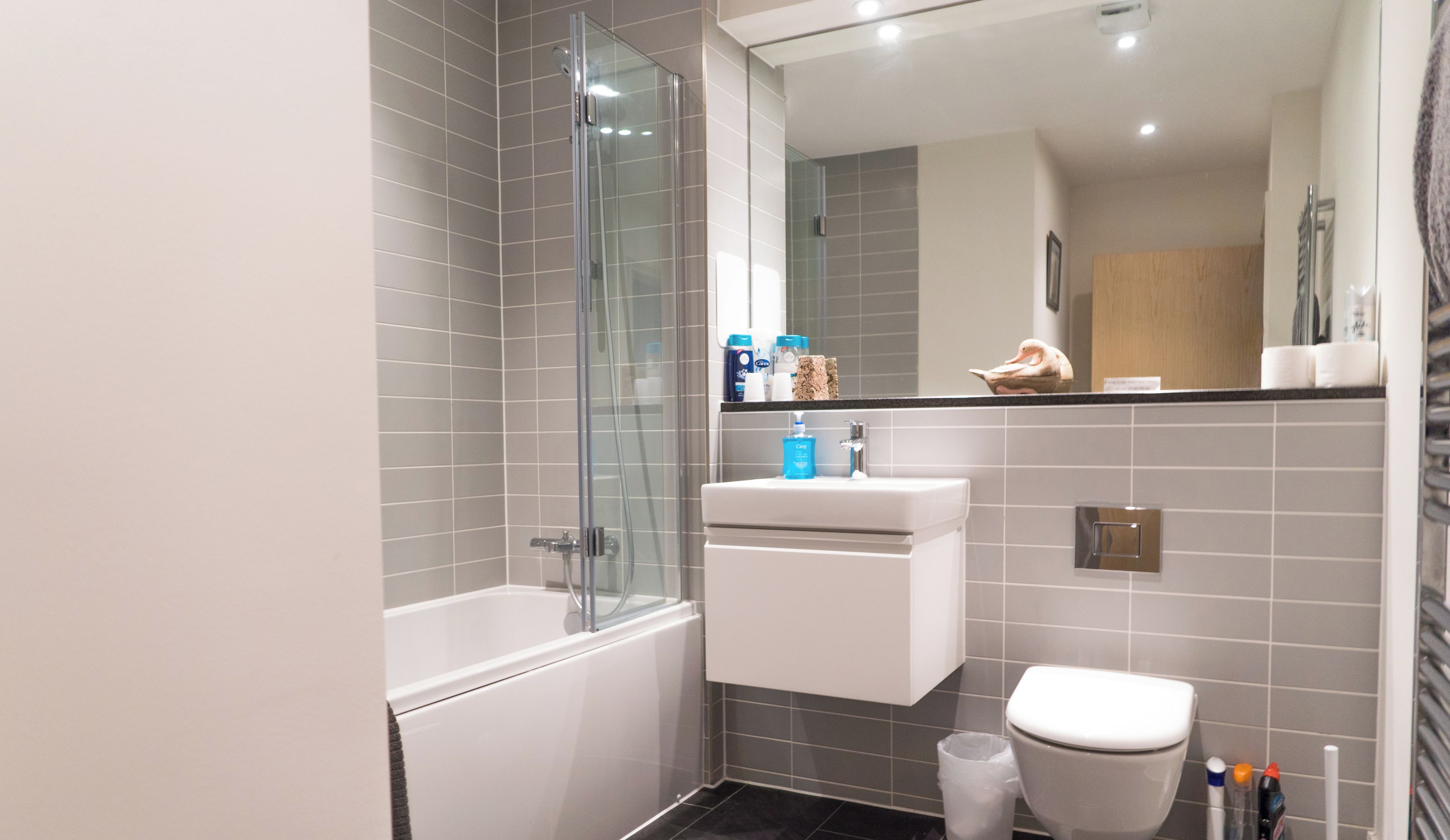 Une salle de bain moderne avec une baignoire, des toilettes et une douche à parois de verre.