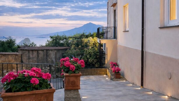 Une terrasse sur le toit, agrémentée de pots de fleurs roses, dotée d’un sol en pierre et offrant une vue sur une montagne.