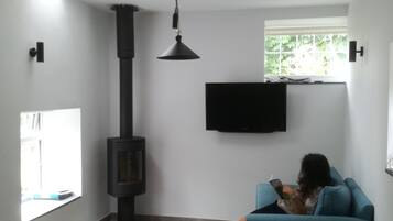 Ein Wohnzimmer mit Kamin, einer Couch, einem Fernseher und einer Person beim Lesen.