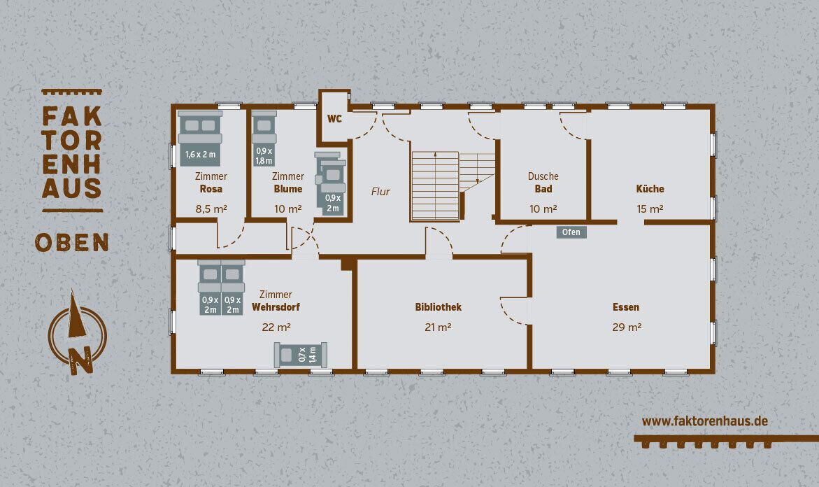 A hotel floor plan with a living room, two bedrooms, a bathroom, a dining area, a kitchen, a bathroom, a library, and a terrace.