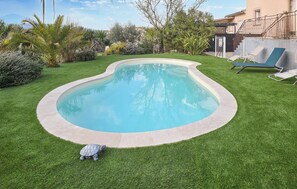 A swimming pool with a curved edge, surrounded by well-maintained grass and various plants.