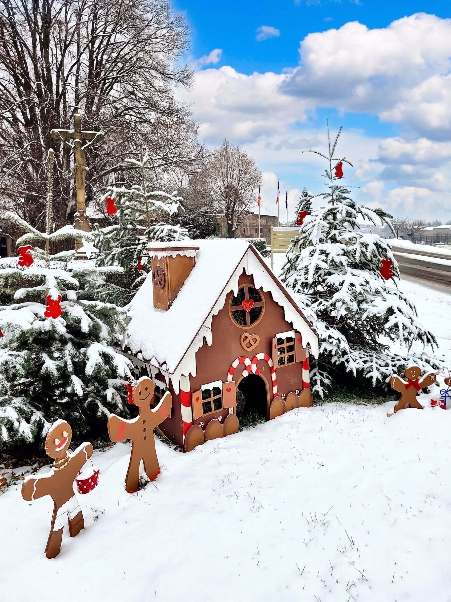 Ein Lebkuchenhaus mit schneebedecktem Dach, umgeben von mit Schnee beladenen Bäumen und einem klaren Himmel.