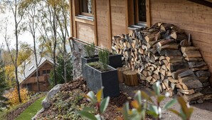 Una cabaña de madera con leña apilada y dos macetas con plantas.