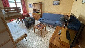 Un salon comprenant un canapé, une table basse, un téléviseur, un ventilateur, une bibliothèque et une fenêtre avec des rideaux.