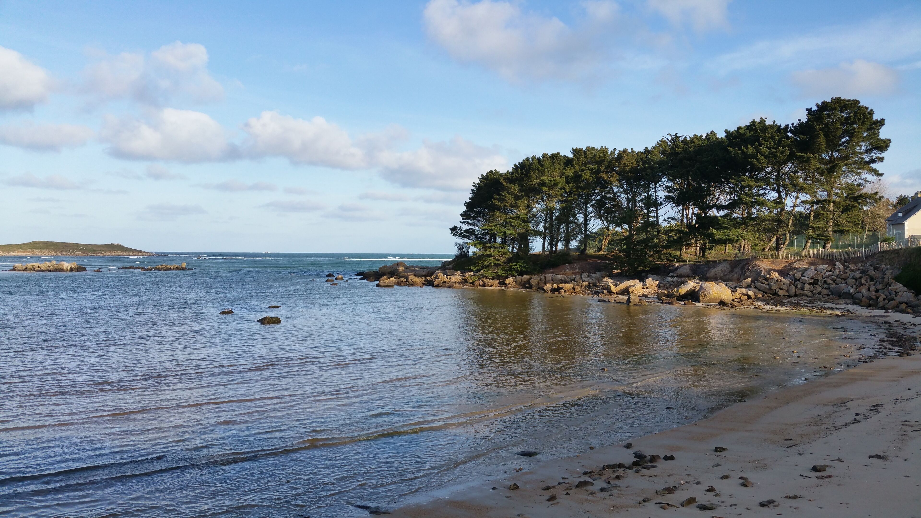 A coastal beach with clear water, rocky shoreline, and trees.
