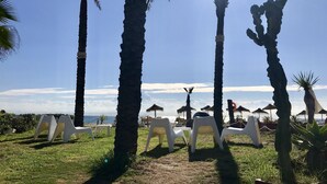 Una spiaggia con palme, sedie di plastica bianca e ombrelloni.