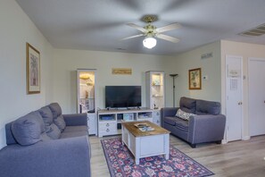 Smart TV, DVD player, books, music library