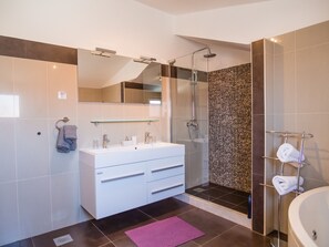 Shower, jetted tub, hair dryer, bidet