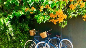 A blue bicycle with wicker baskets parked against a wall with green foliage and orange flowers. - Hotel 850 SVB, a Member of Design Hotels (West Hollywood)