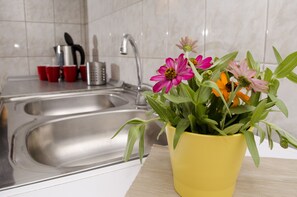 A kitchen with a stainless steel sink, a yellow flower pot with flowers, and red cups on the counter. - Villa Re3Ca (Skopje)