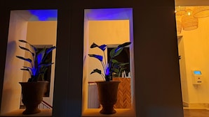 Passadís amb dues plantes en testos il·luminat per una llum blava, paret de fusta amb un dibuix de punt de mosaique i un lluminari modern a la dreta.