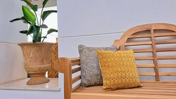 Una planta en maceta y dos almohadones sobre un banco de madera.
