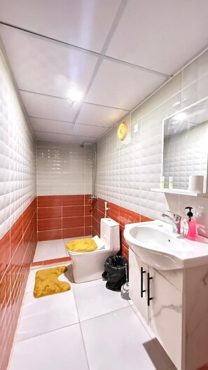 Separat badekar og dusj, dusjhode med hydromassaje og bidé