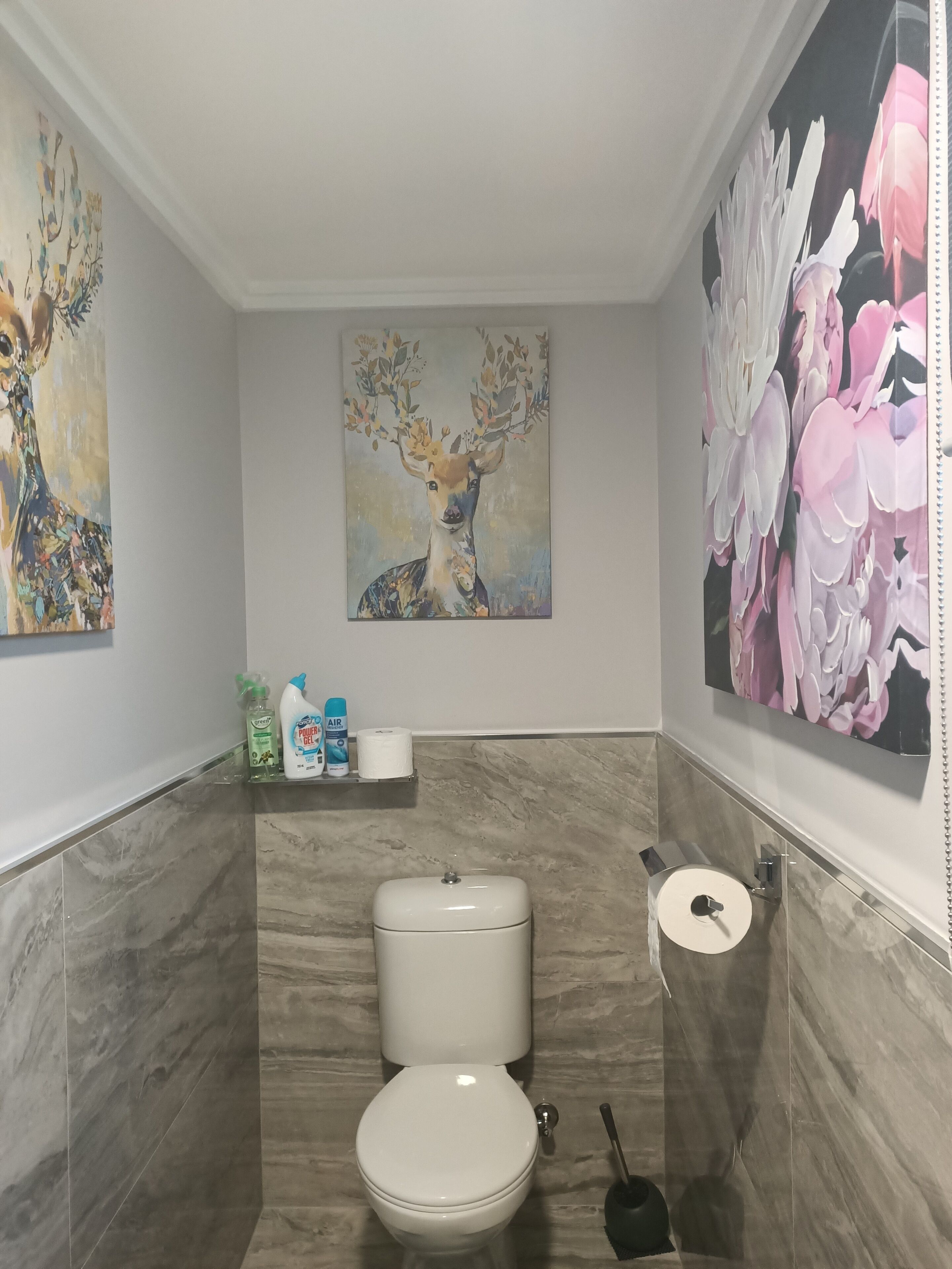 Un baño con inodoro, paredes de mármol y dos cuadros.
