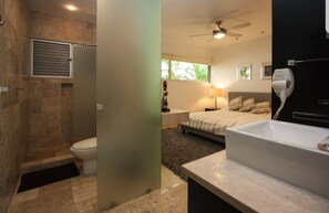 Shower, hair dryer, towels, soap