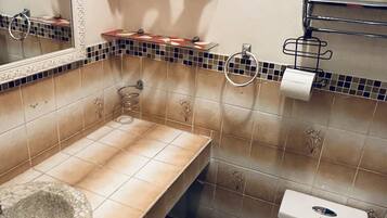 Shower, hair dryer, towels, toilet paper