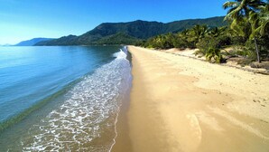 Uma praia com águas cristalinas, areal arenoso e palmeiras.