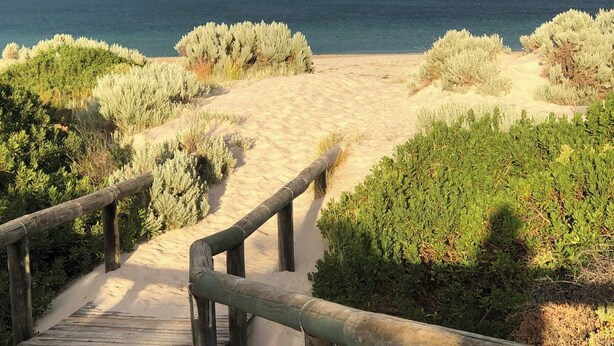 A wooden boardwalk leading to a beach with dunes and vegetation. - The Little Luxe Hideaway - Slow Living Escape (Port Willunga)