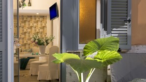 Quarto com uma grande planta verde, televisão e um espaço de estar acolhedor com sofá e poltronas.