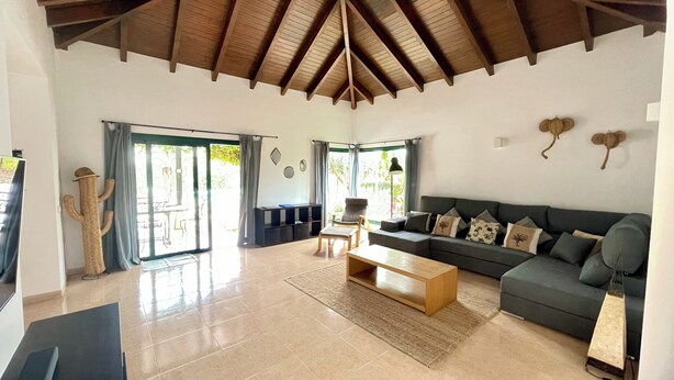 A spacious living room with a high ceiling, a sofa set, a coffee table, and a cactus decoration. - Aloe Villa - Spacious and luminous villa with heated pool -Fiber (La Oliva)