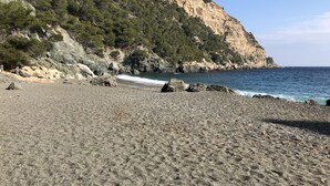 A rocky beach with a steep cliff and dense vegetation. - Beautiful Apartment with Sea Views and the Port of Fornells (Fornells)