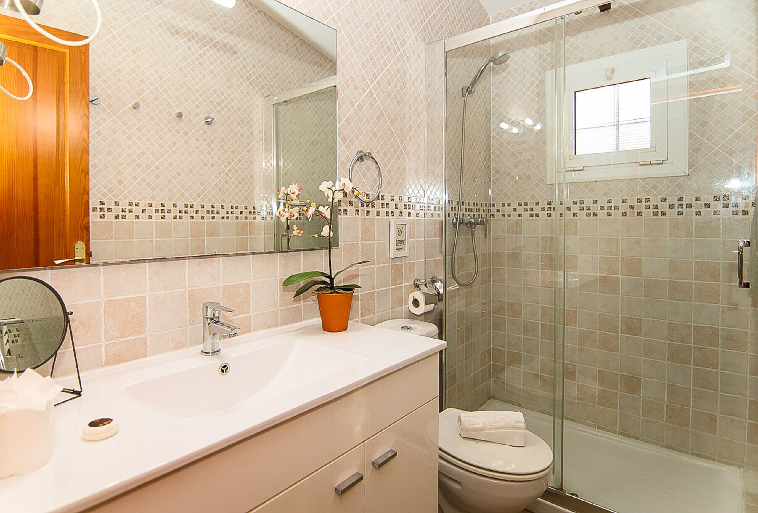 Une salle de bain équipée d’un lavabo, d’un miroir, de toilettes et d’une douche.