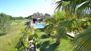 Una casa con piscina, rodeada de vegetación exuberante y palmeras.