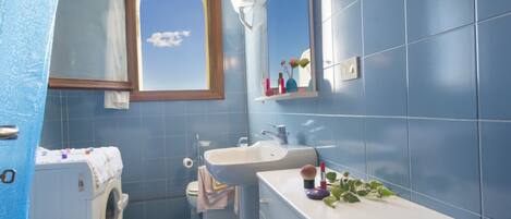 A bathroom with a washing machine, a sink, and a mirror.