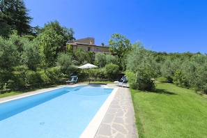 A swimming pool with lounge chairs and an umbrella, surrounded by greenery and a house in the background.
