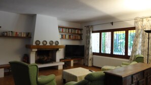 A living room with a fireplace, green armchairs, a television, and bookshelves. - Palenque CostaBravaSi - Pool, BBQ, garden, Golf (Santa Cristina d'Aro)