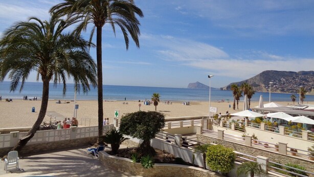 Una playa con palmeras, una piscina y vistas al mar y a las montañas.