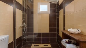 Une salle de bain avec une douche, des toilettes et une petite fenêtre.