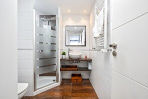 Shower, hair dryer, towels