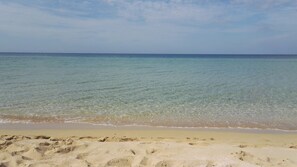 On the beach, sun loungers, beach towels