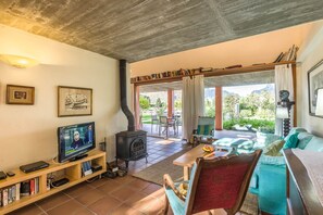 A living room with a television, bookshelves, a fireplace, and a view of the outdoors.