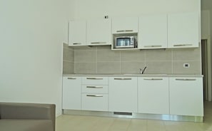 Fridge, oven, coffee/tea maker, cookware/dishes/utensils