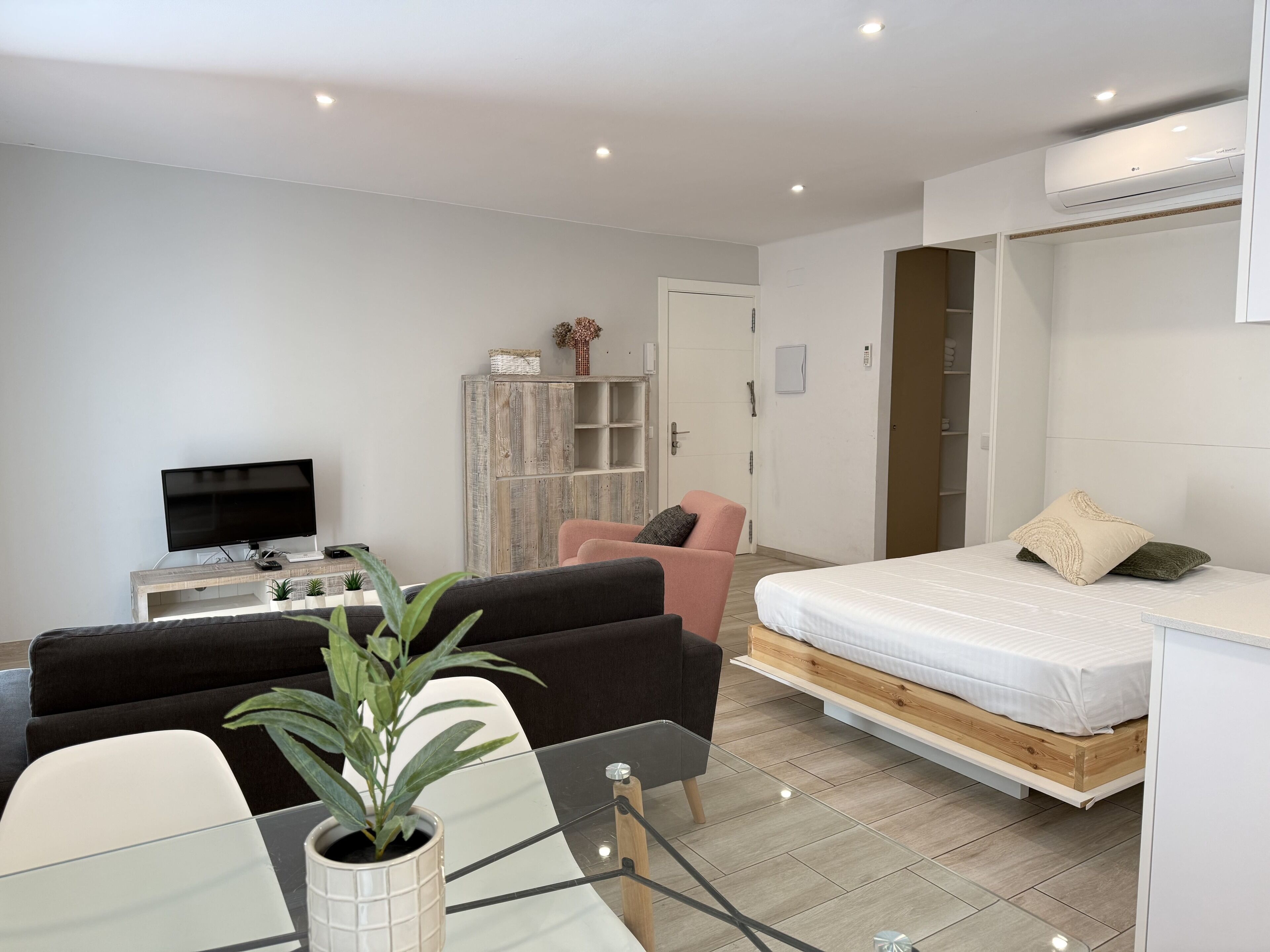 Een moderne, goed verlichte kamer met een flatscreen televisie, een bank, een fauteuil, een bed en een kamerplant.