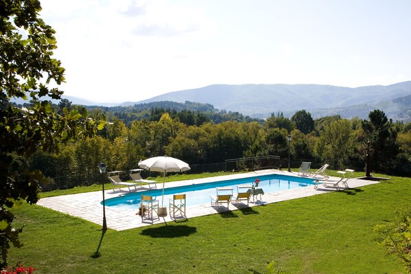 A swimming pool with lounge chairs and an umbrella, surrounded by a grassy lawn and trees, with mountains in the background.