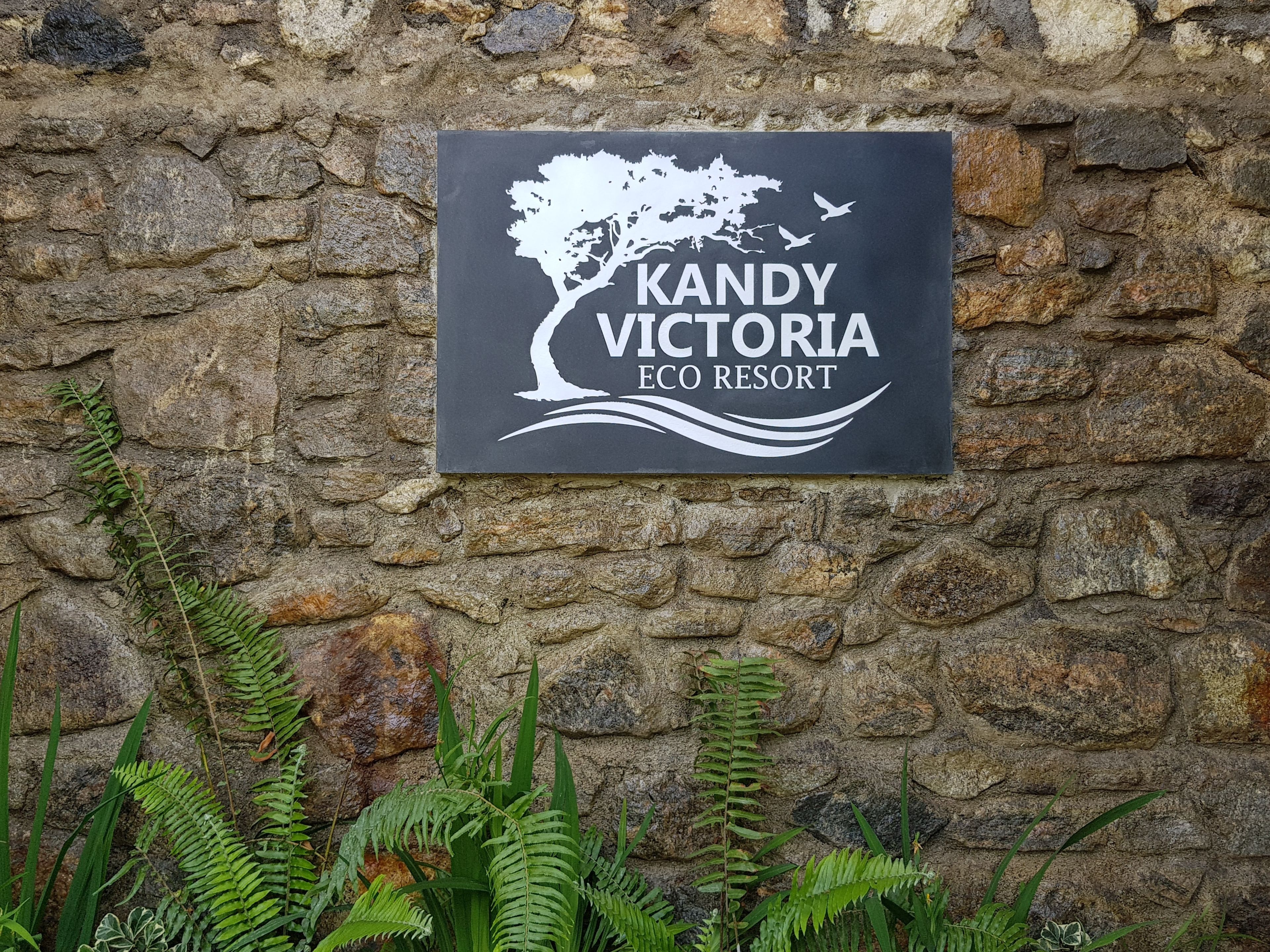 Schild für das Kandy Victoria Eco Resort mit einem Design aus Baum und Wellen.