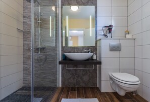 Douche, séchoir à cheveux, serviettes fournies