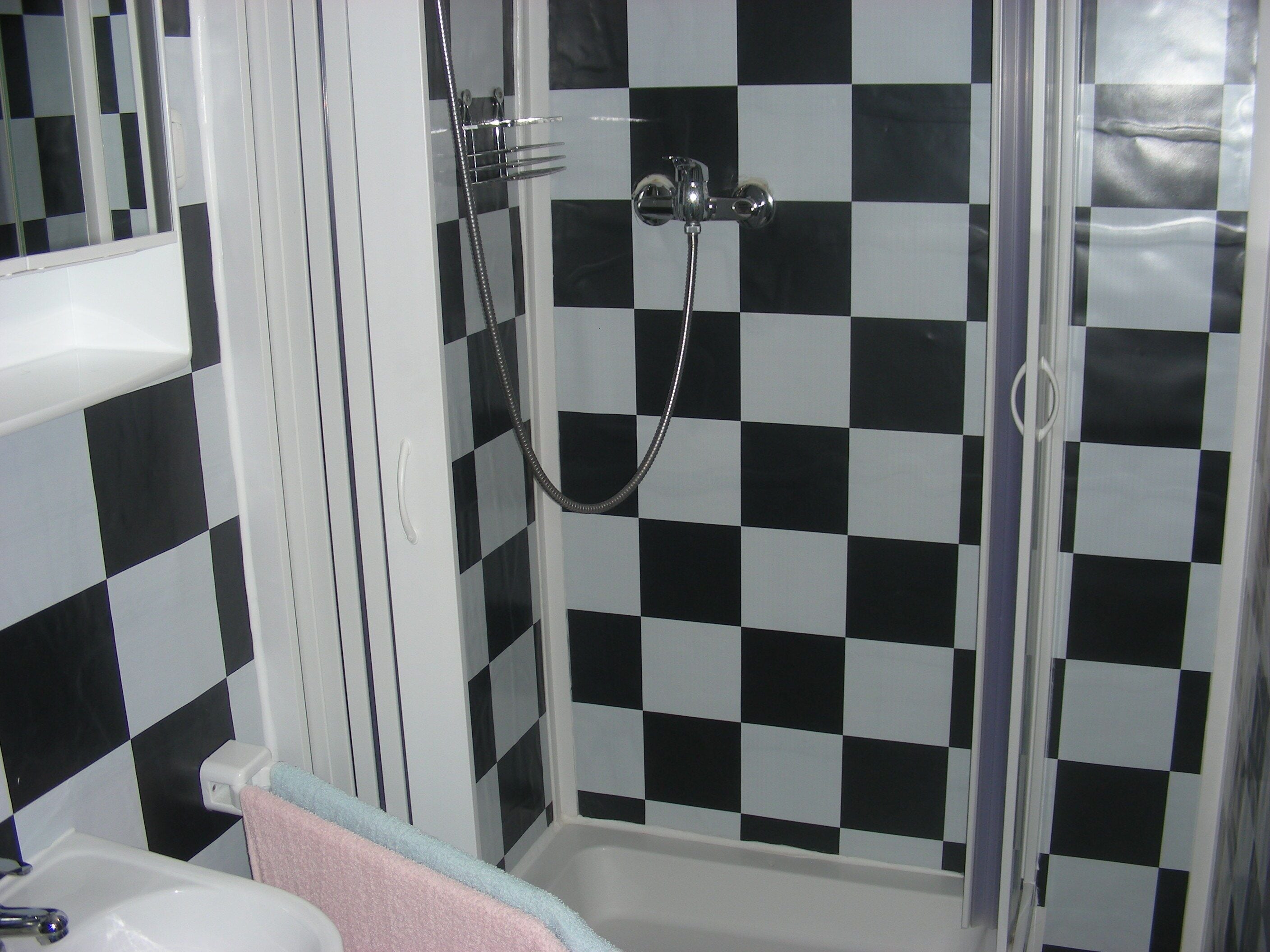 Shower, towels, soap, toilet paper