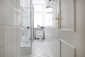 Combined shower/tub, hair dryer, towels, soap