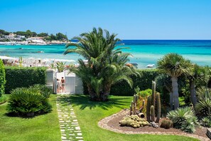 A coastal garden with a pathway leading to a beach view, featuring cacti and palm trees.